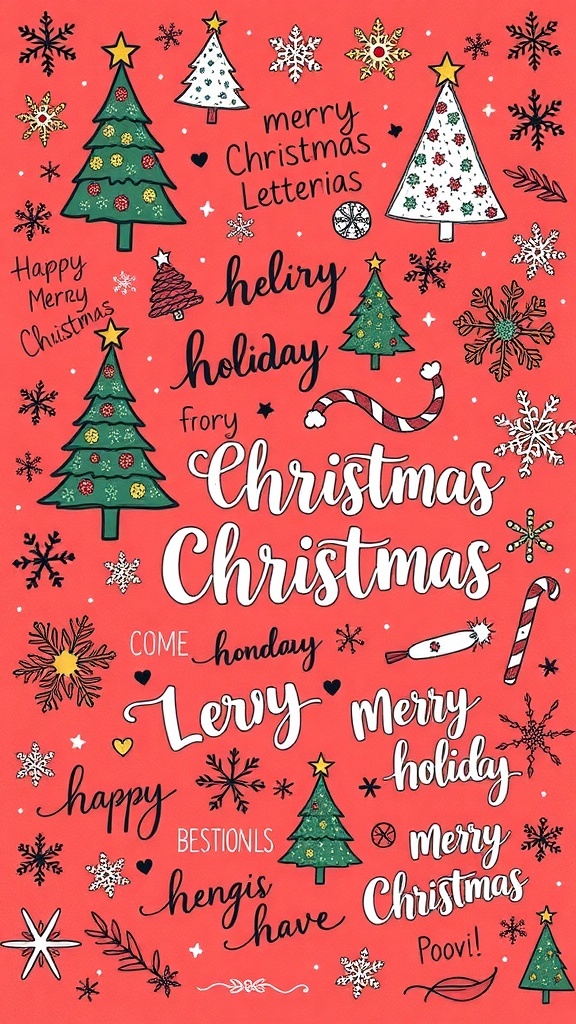 A vibrant display of Christmas doodles and lettering with holiday-themed designs.